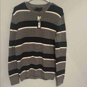 Banana Republic Men's Gray and Black Striped Crewneck Sweater